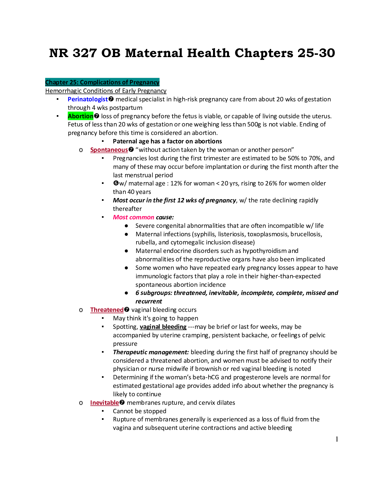 Preview image of NR 327 OB Maternal Health Chapters 25-30 Study Guide document
